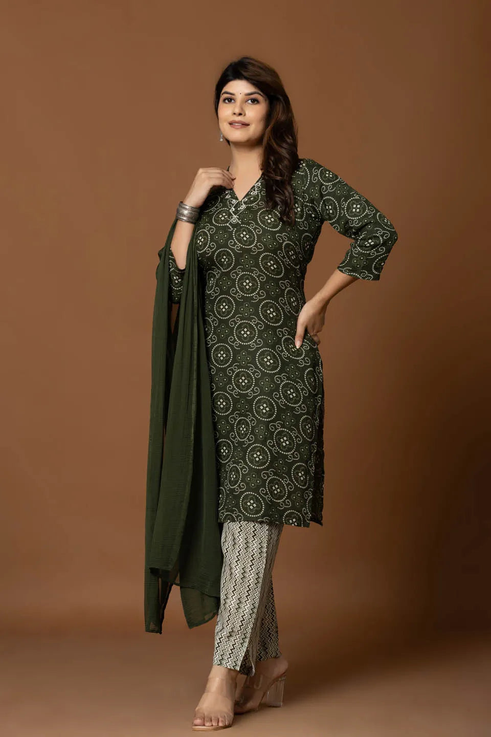 olive green printed kurta set with chevron pants dupatta