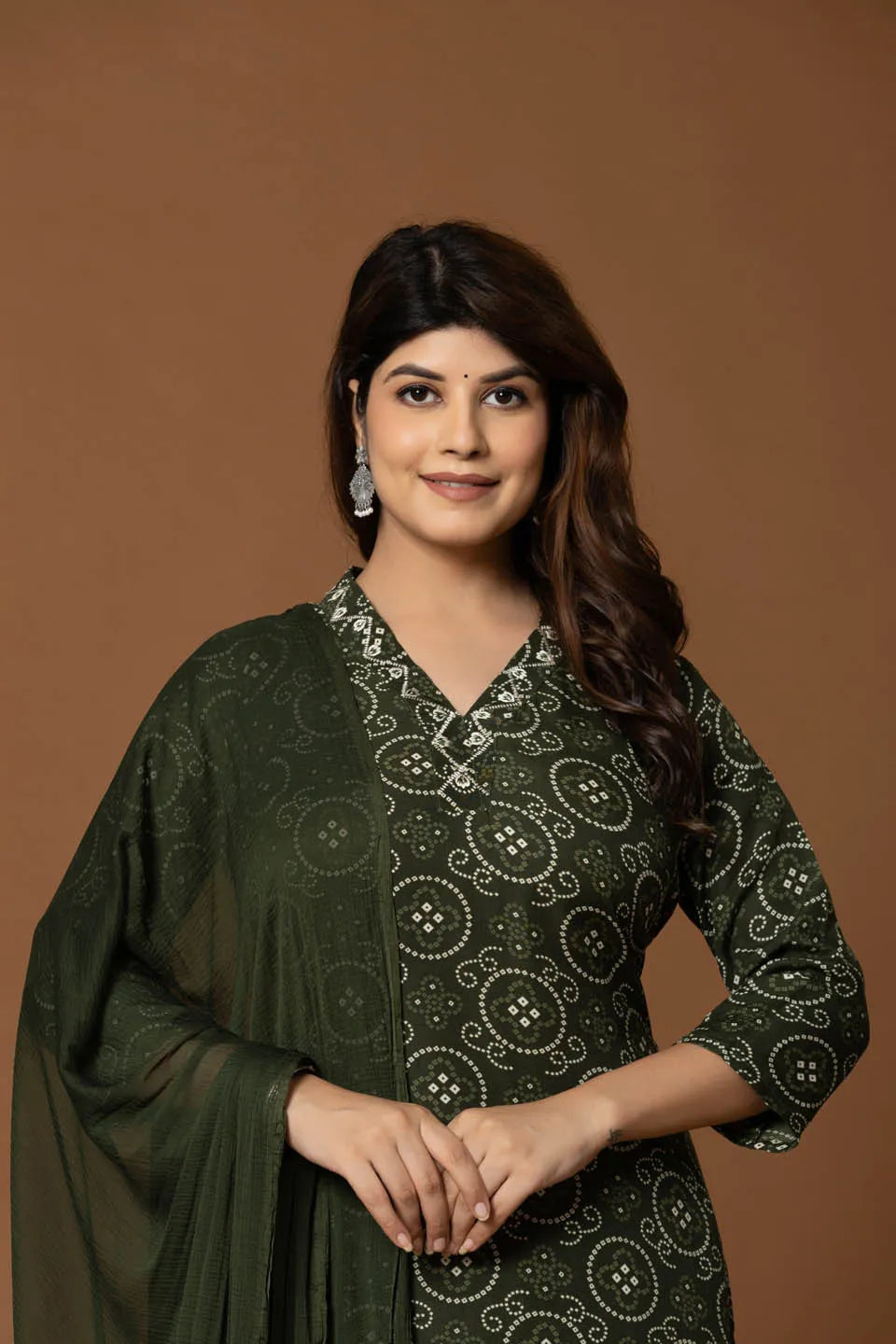 olive green printed kurta set with chevron pants dupatta