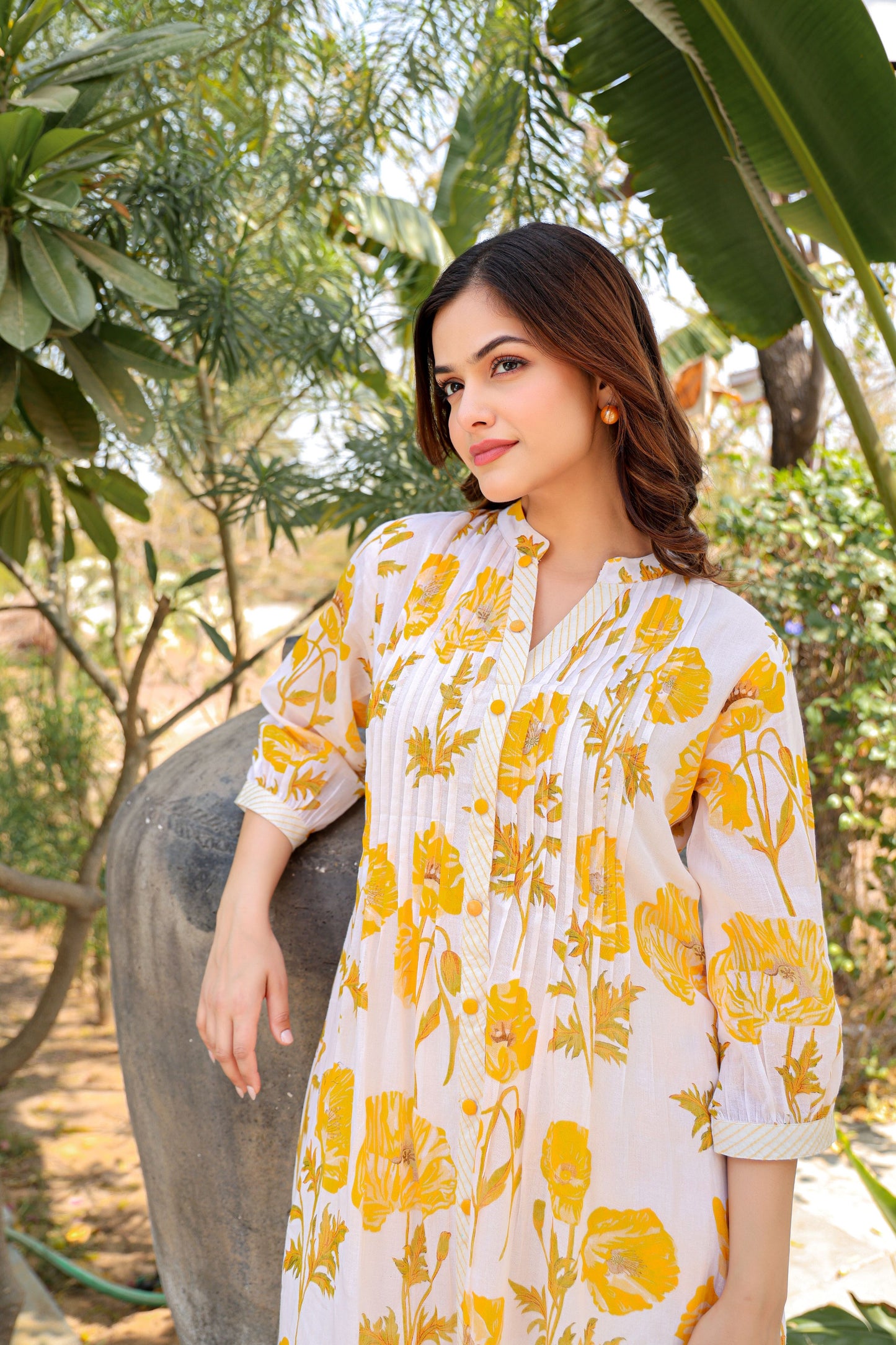 WHITE & YELLOW FLORAL COTTON CO-ORDS SET FOR WOMEN – STYLISH KURTA WITH PANTS