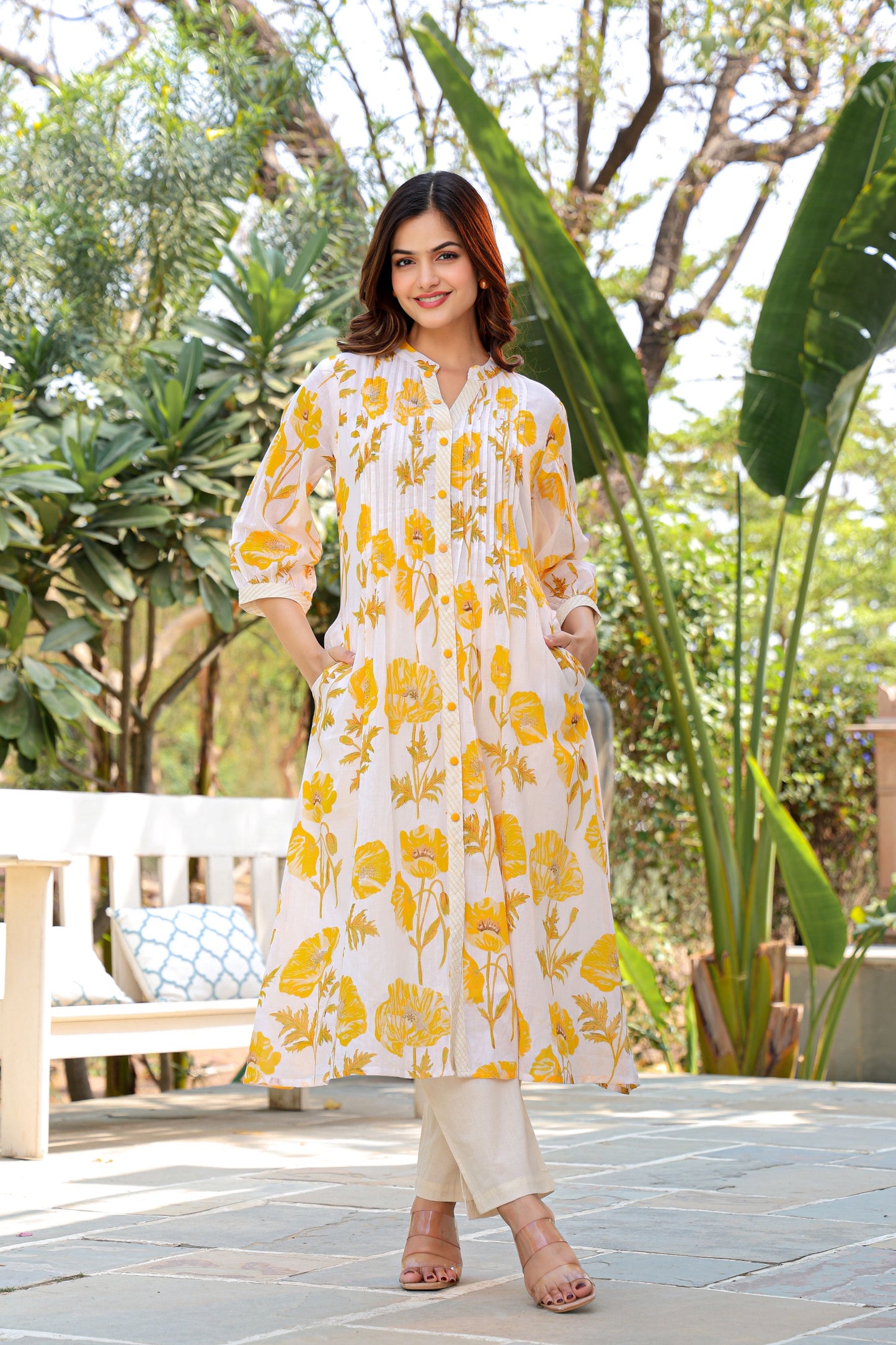 WHITE & YELLOW FLORAL COTTON CO-ORDS SET FOR WOMEN – STYLISH KURTA WITH PANTS
