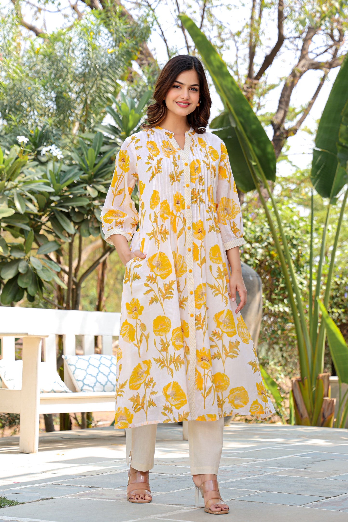 WHITE & YELLOW FLORAL COTTON CO-ORDS SET FOR WOMEN – STYLISH KURTA WITH PANTS