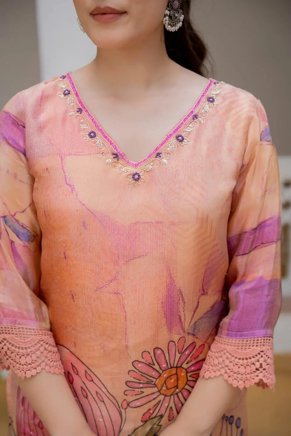 peach floral embellished kurta set with printed dupatta straight pants