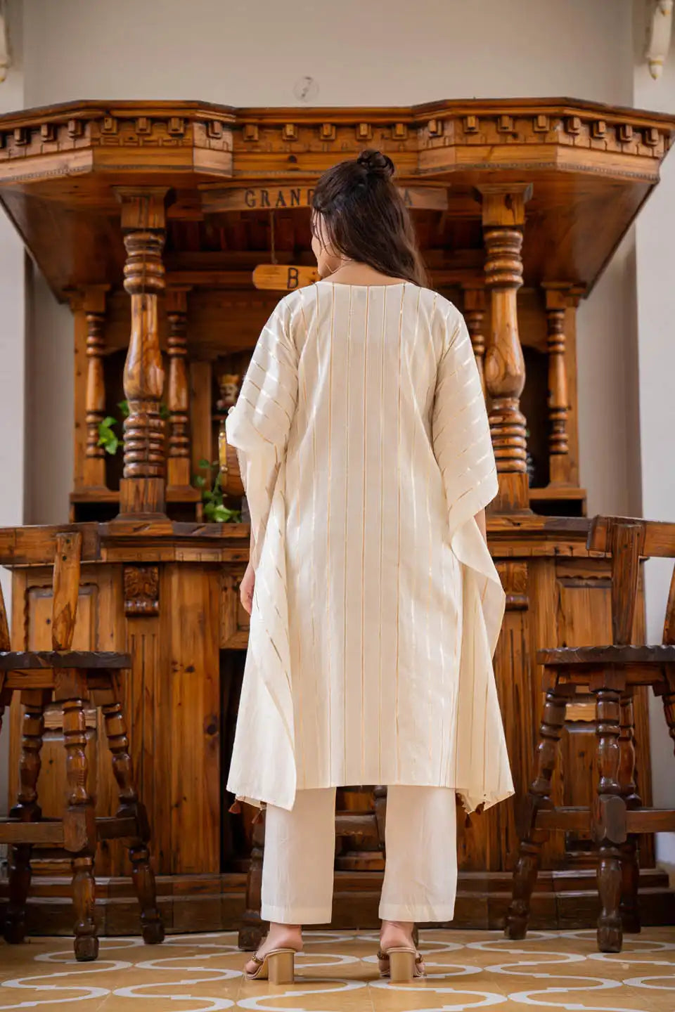 Off-white kaftan style kurta set with tassels & embroidery