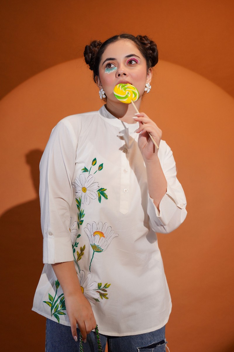 DAISY BLOOM HAND-PAINTED COTTON SHIRT – FOR WOMEN