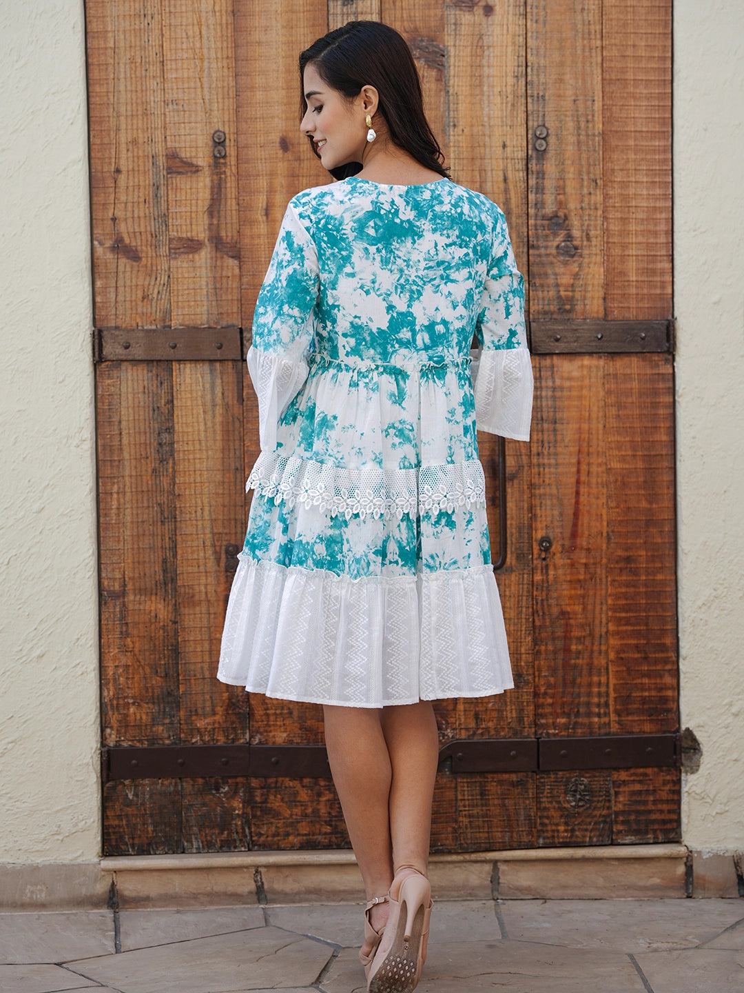 Ocean Petals: Cotton Short Dress with Blue Embroidery