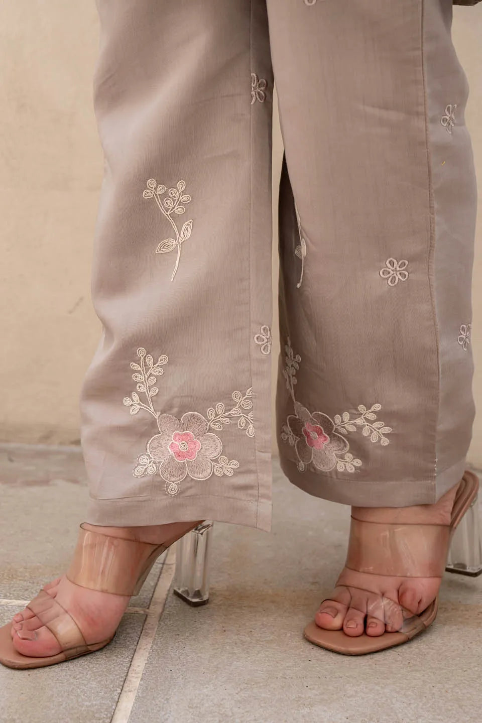 beige floral embroidered shirt collar kurta with straight pants set