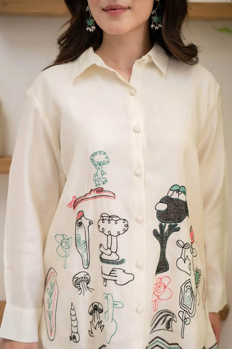 Off-white embroidered Roman silk kurta with straight pants set