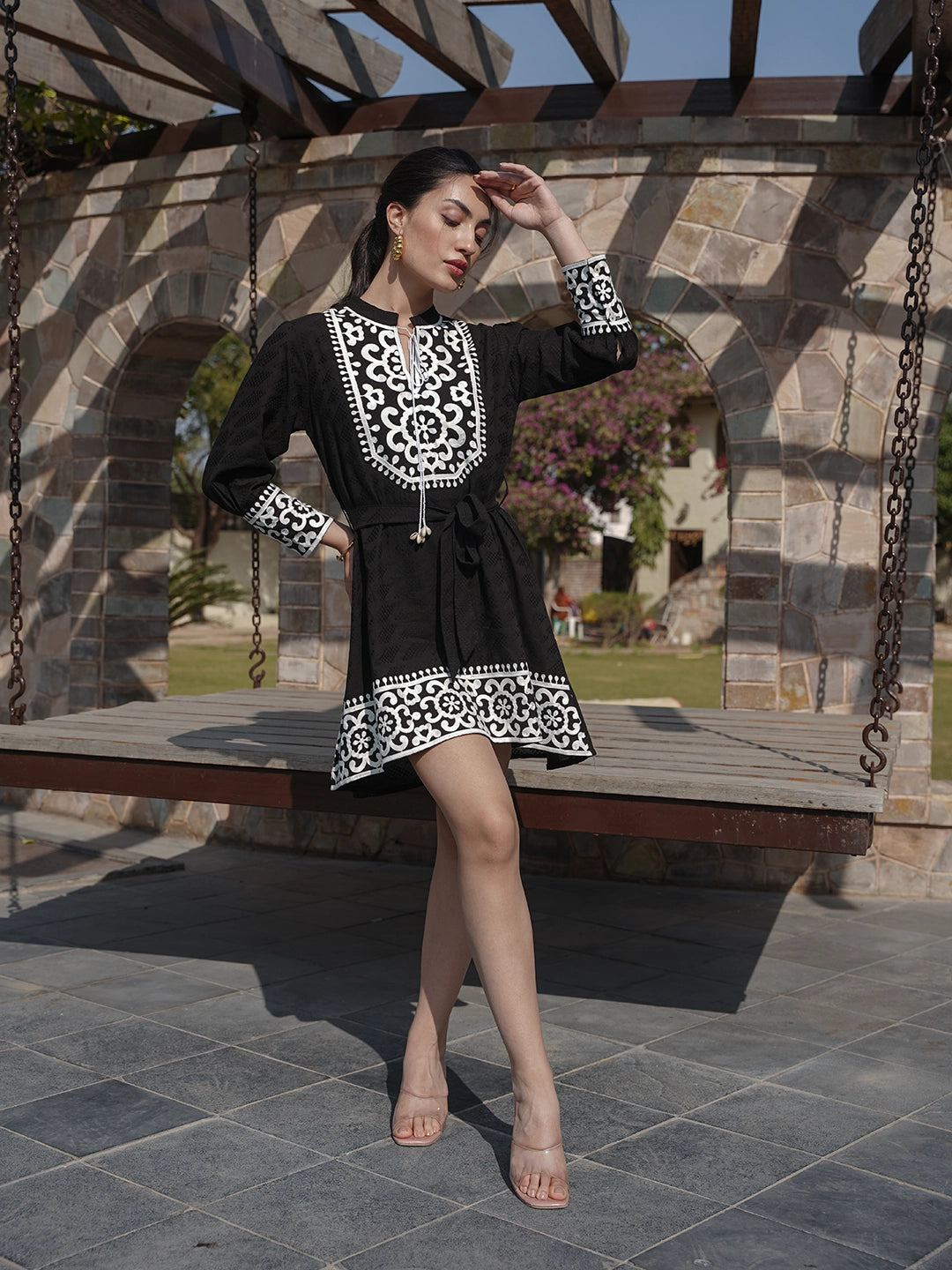 Monochrome Muse: Black Short Dress with White Embroidery