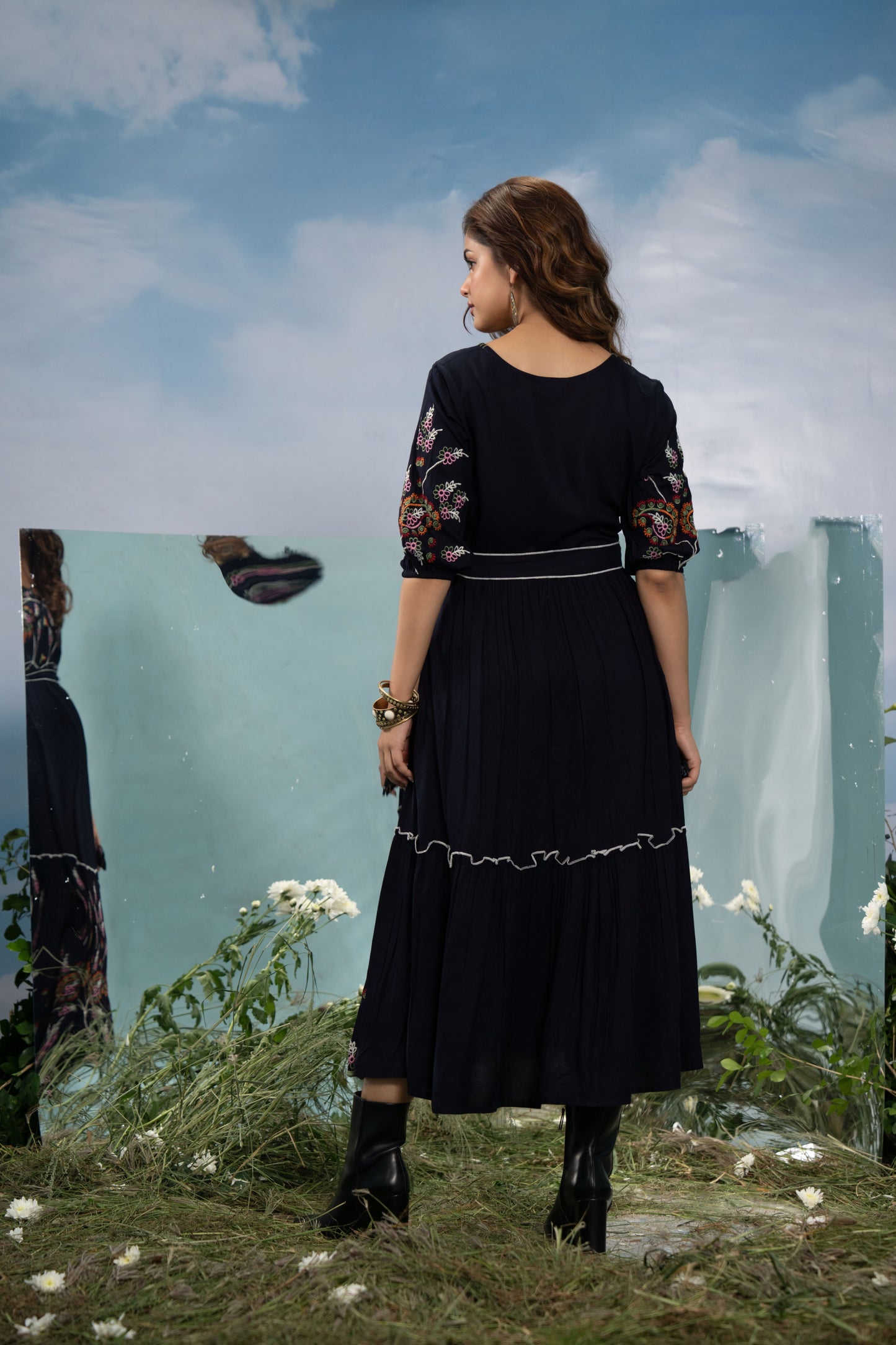 BLACK RAYON EMBROIDERED A-LINE DRESS FOR WOMEN – ETHNIC BOHO STYLE MID-LENGTH GOWN
