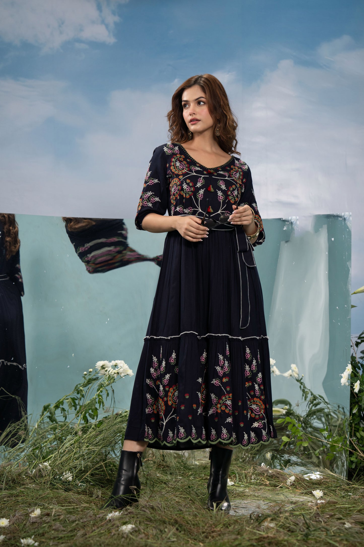 BLACK RAYON EMBROIDERED A-LINE DRESS FOR WOMEN – ETHNIC BOHO STYLE MID-LENGTH GOWN
