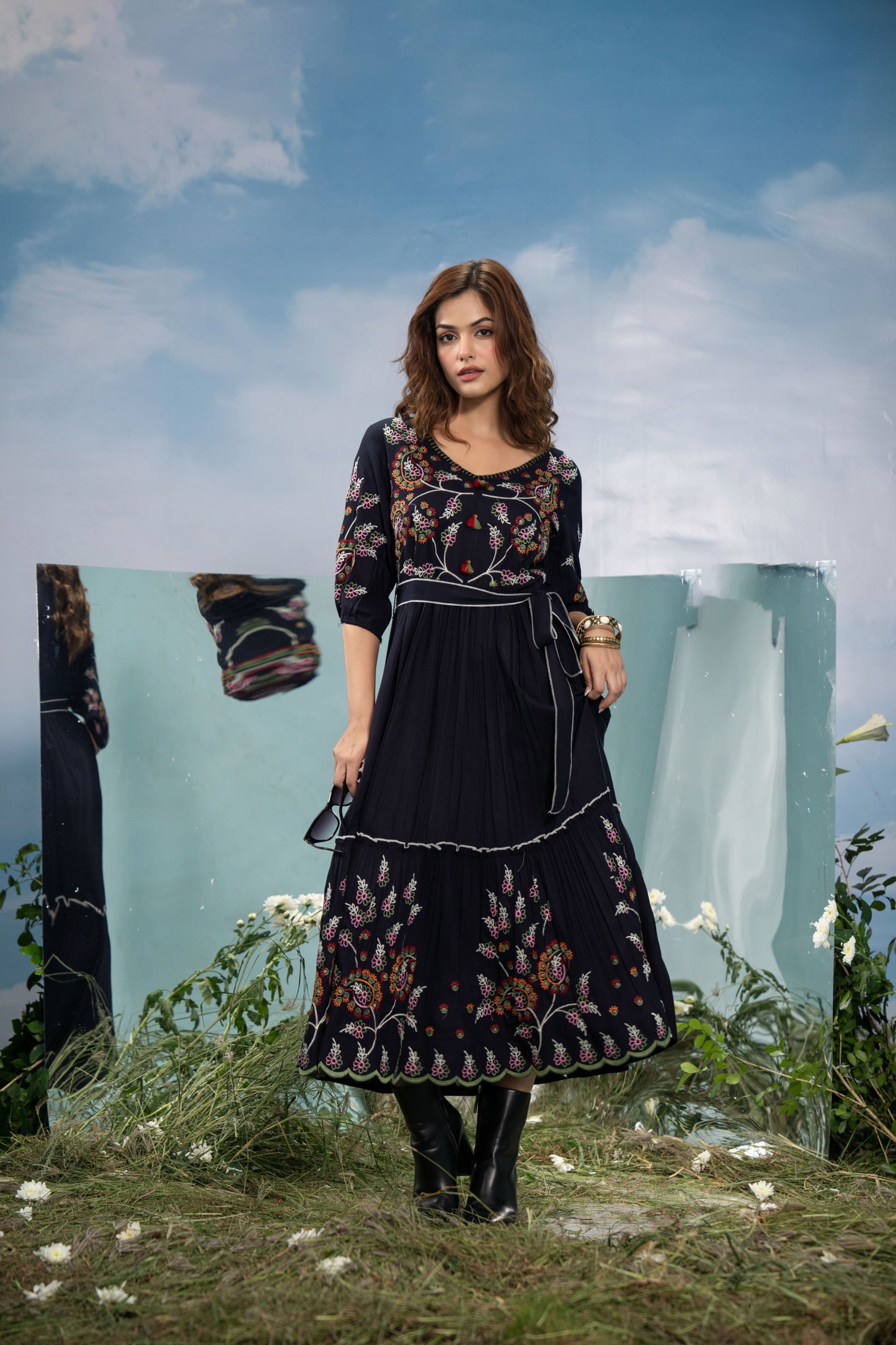 BLACK RAYON EMBROIDERED A-LINE DRESS FOR WOMEN – ETHNIC BOHO STYLE MID-LENGTH GOWN