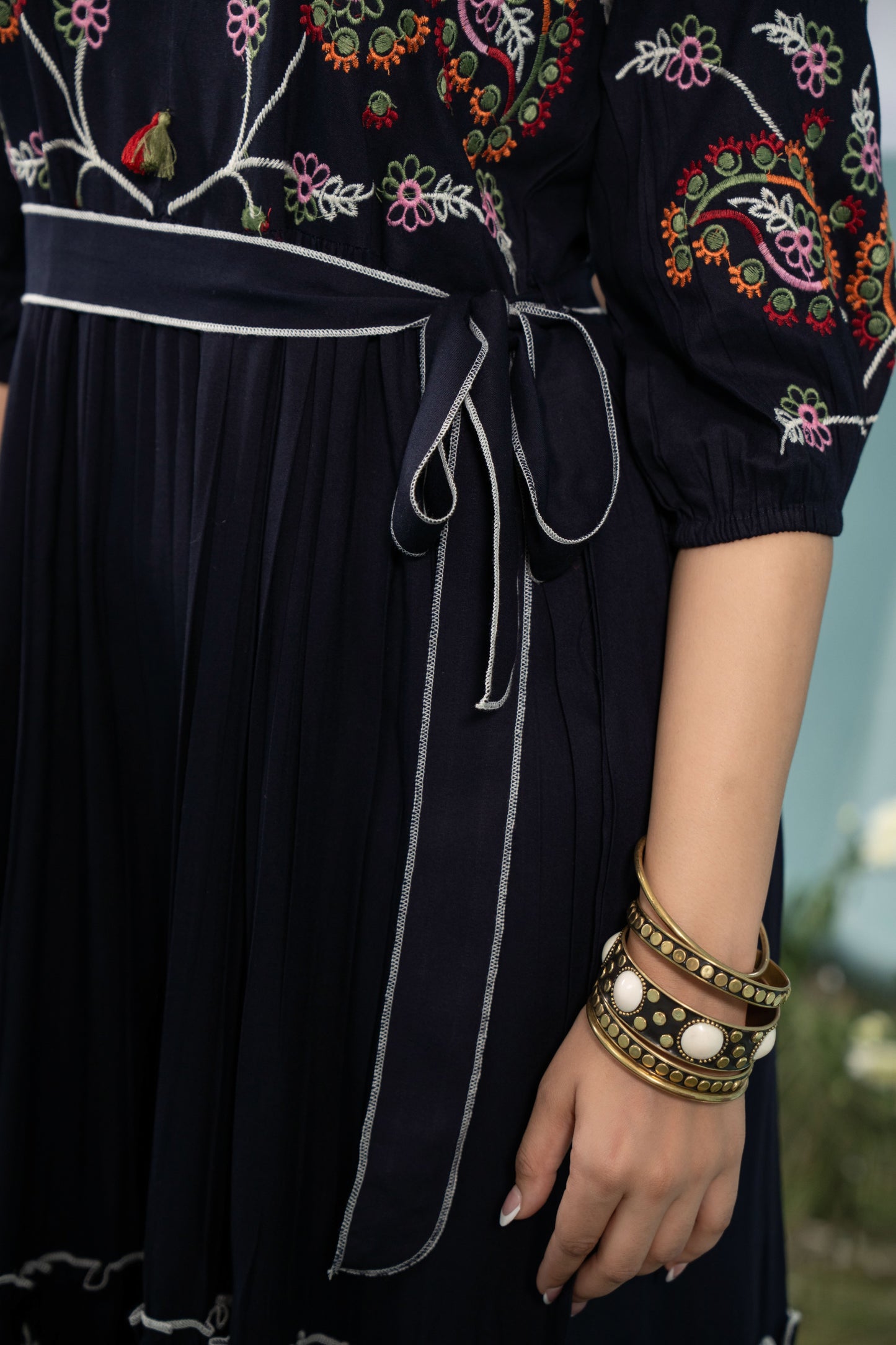 BLACK RAYON EMBROIDERED A-LINE DRESS FOR WOMEN – ETHNIC BOHO STYLE MID-LENGTH GOWN