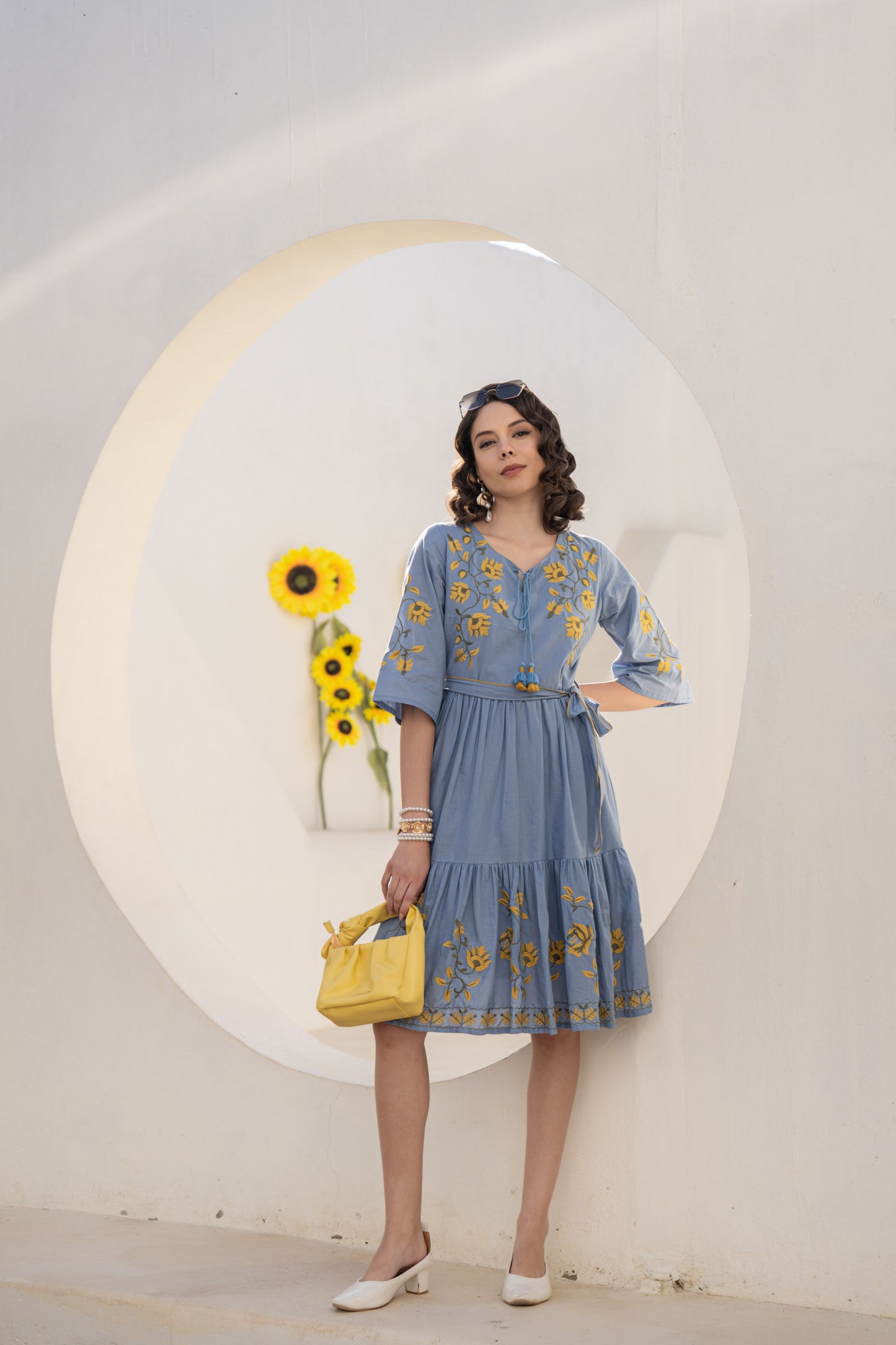 WOMEN'S BLUE COTTON SHORT DRESS WITH YELLOW FLORAL EMBROIDERY