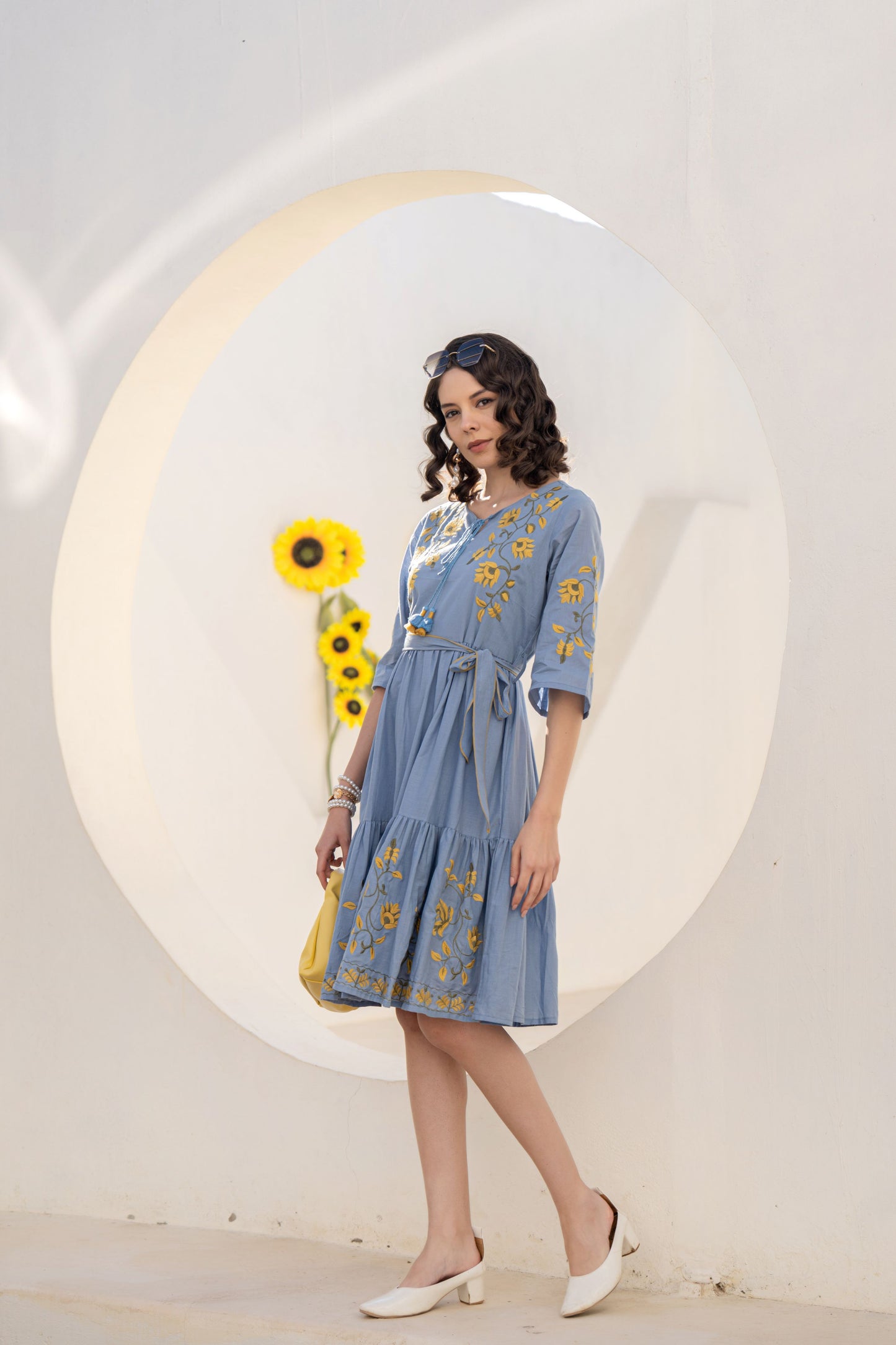 WOMEN'S BLUE COTTON SHORT DRESS WITH YELLOW FLORAL EMBROIDERY