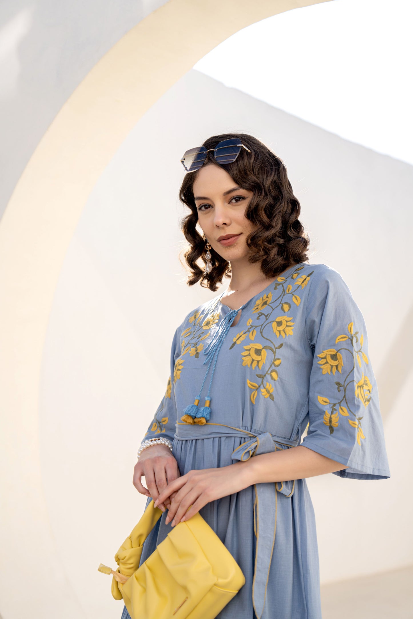 WOMEN'S BLUE COTTON SHORT DRESS WITH YELLOW FLORAL EMBROIDERY