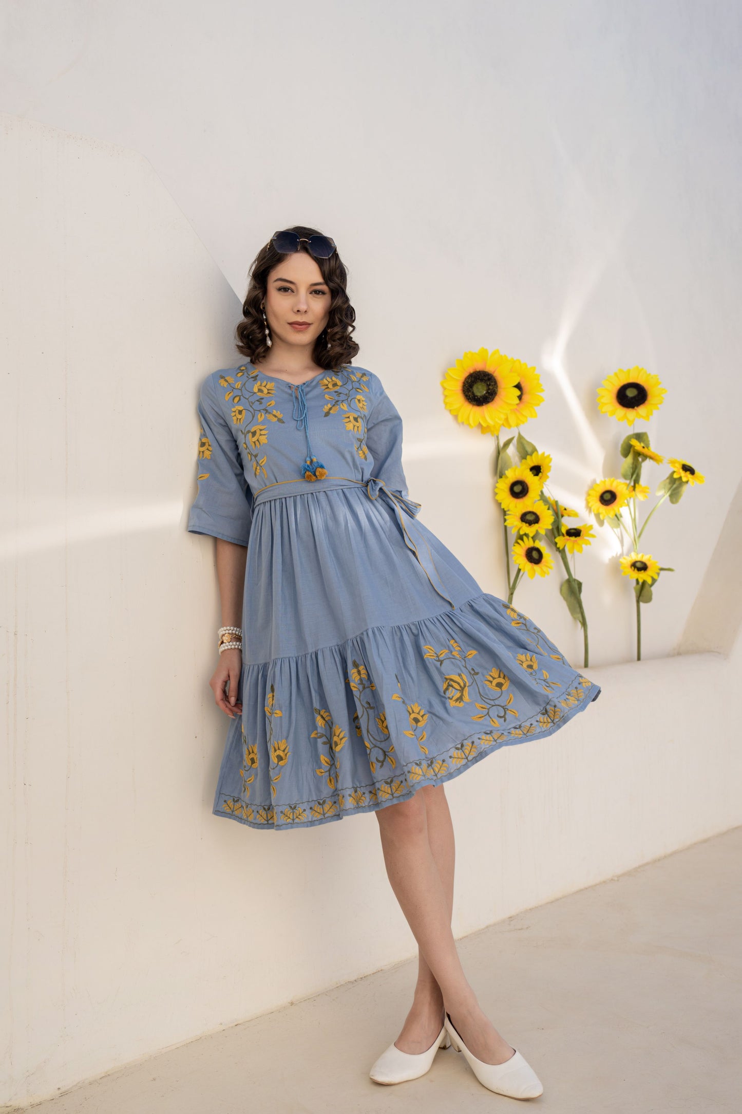 WOMEN'S BLUE COTTON SHORT DRESS WITH YELLOW FLORAL EMBROIDERY
