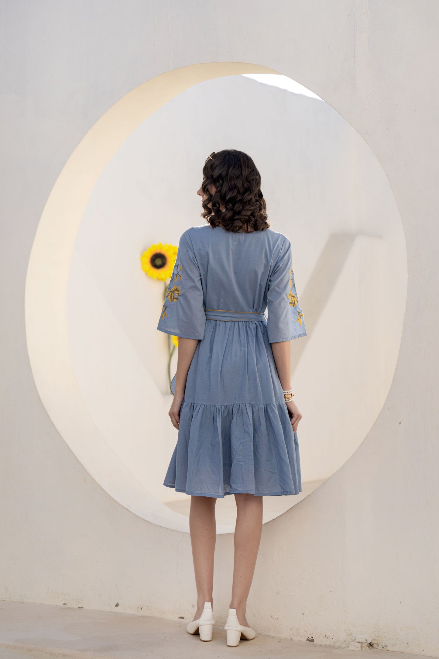 WOMEN'S BLUE COTTON SHORT DRESS WITH YELLOW FLORAL EMBROIDERY