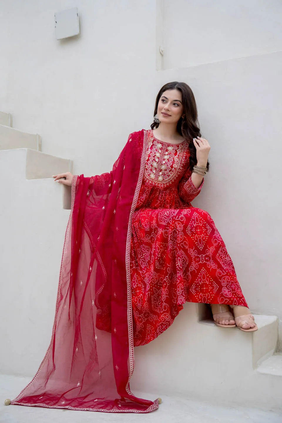 womens traditional bandhani print anarkali kurta set with dupatta