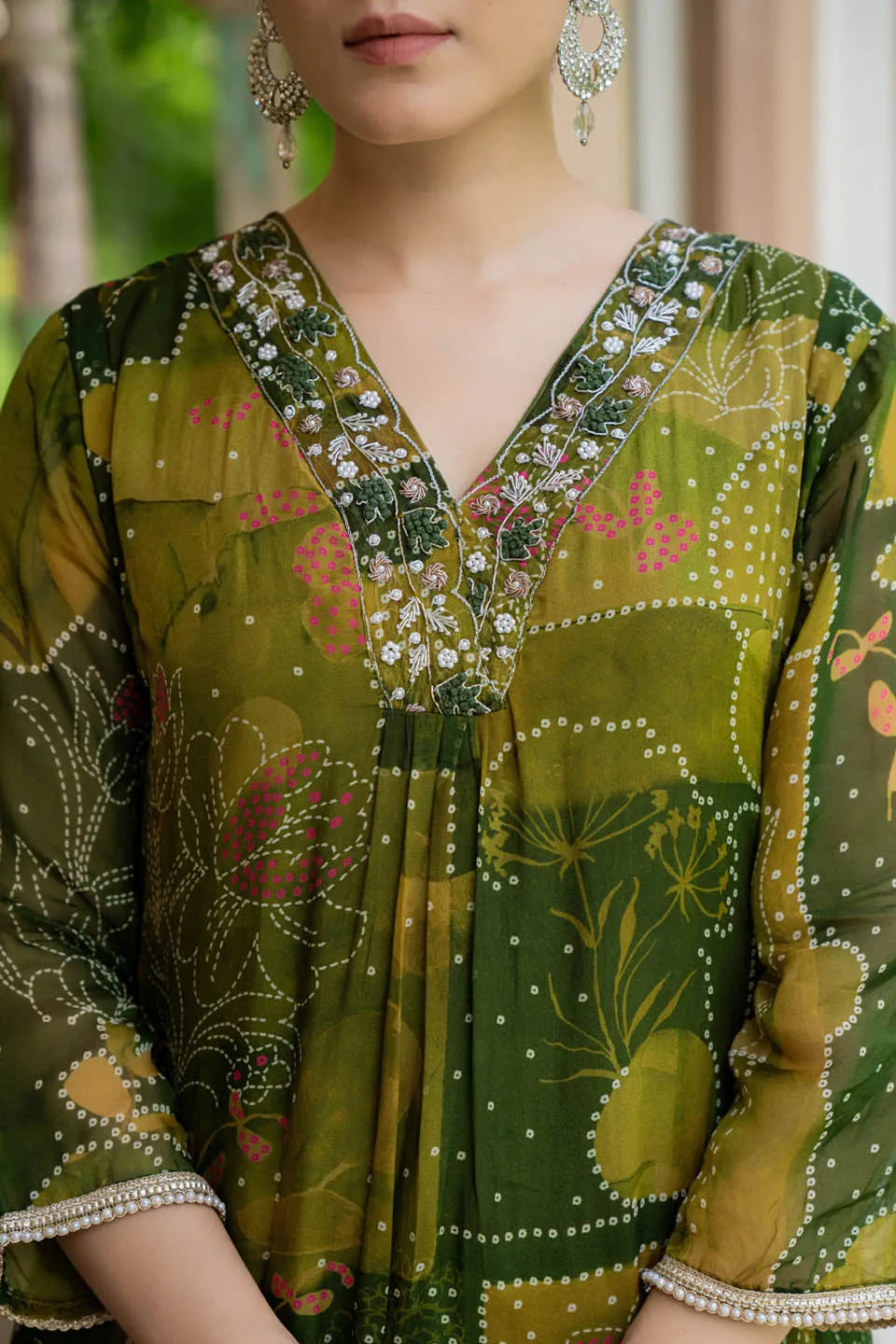 elegant olive green a line kurta set with embroidered v neck and abstract floral print