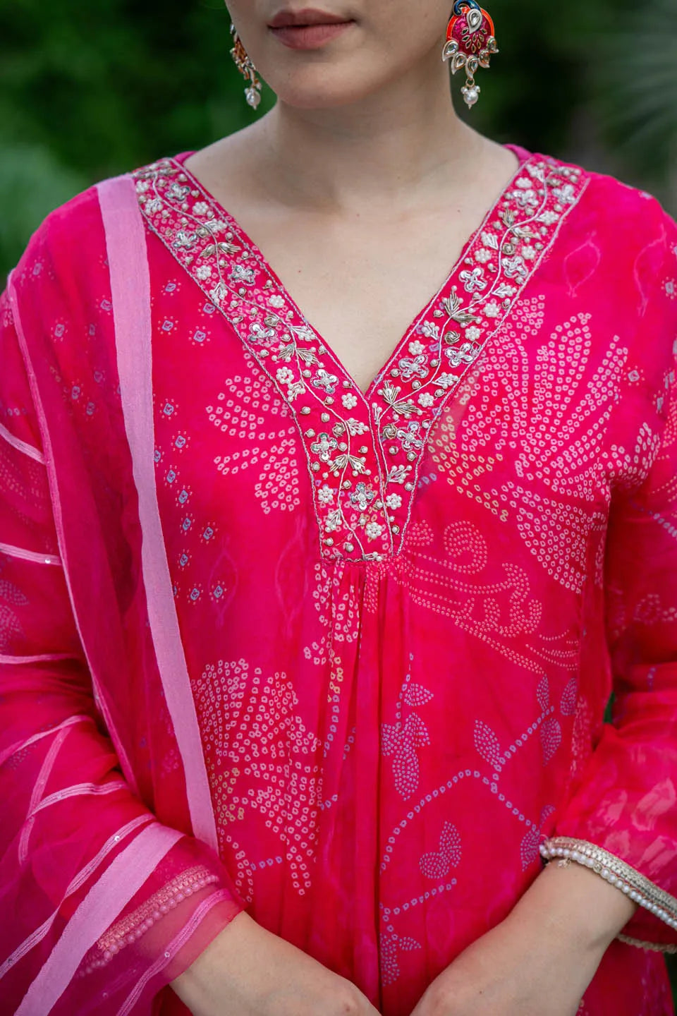 vibrant pink blue straight kurta set with embroidered v neck and floral paisley print