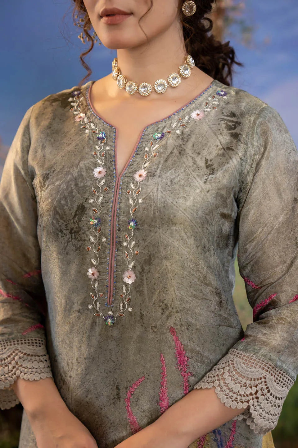 grey embroidered kurta with floral dupatta pants