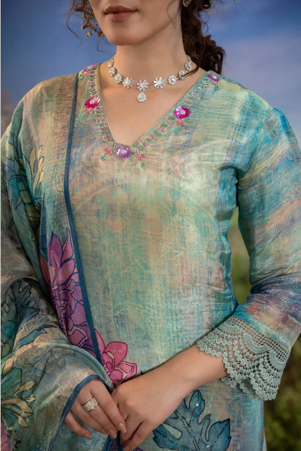 floral printed v neck kurta with lace hem and straight pants set