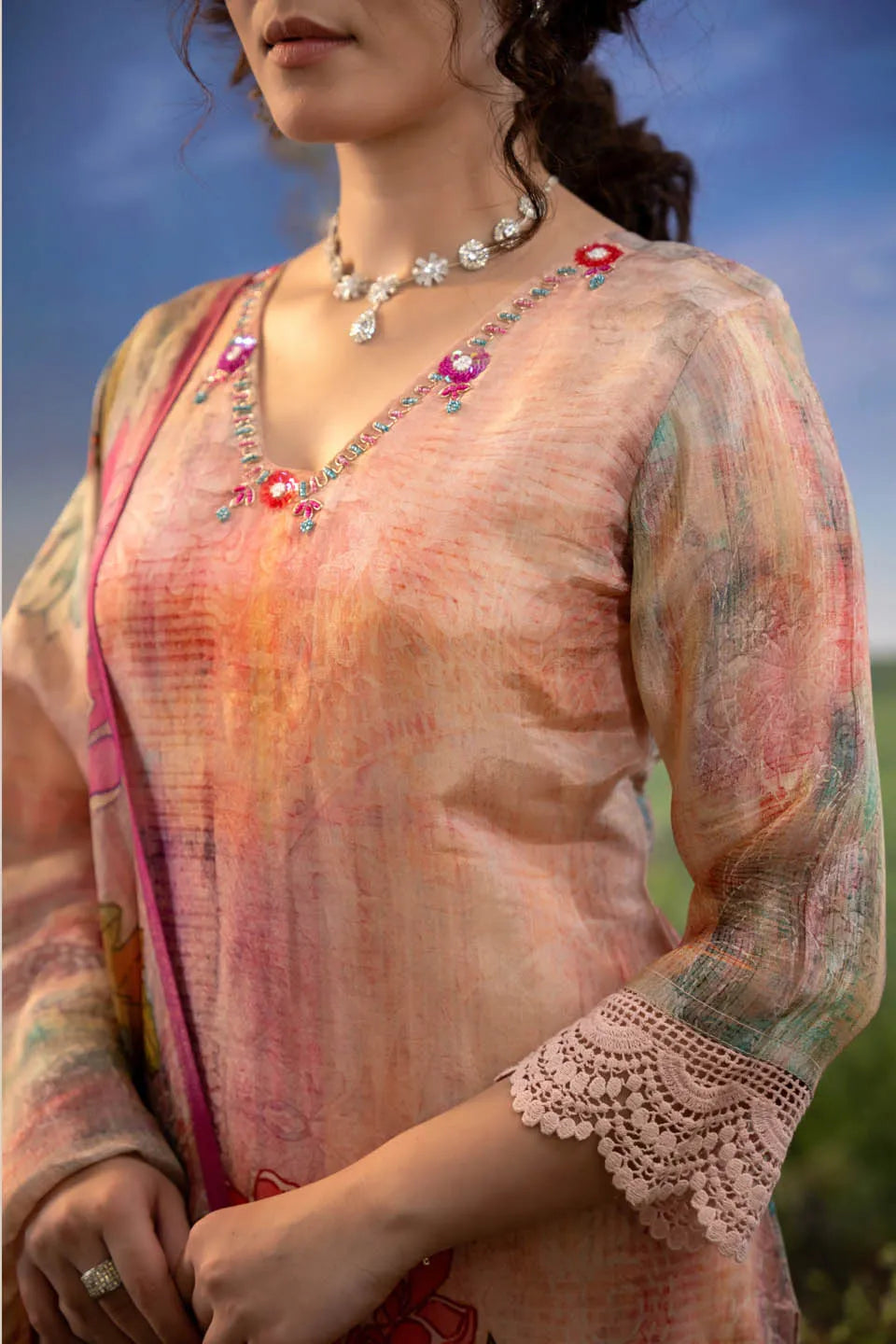 floral print peach pink 3 piece lawn suit with lace detailing straight trousers