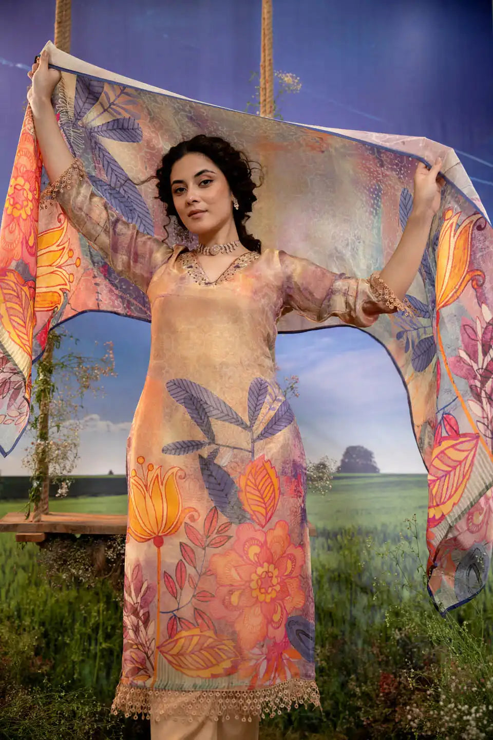 floral printed cream kurta with straight pants set