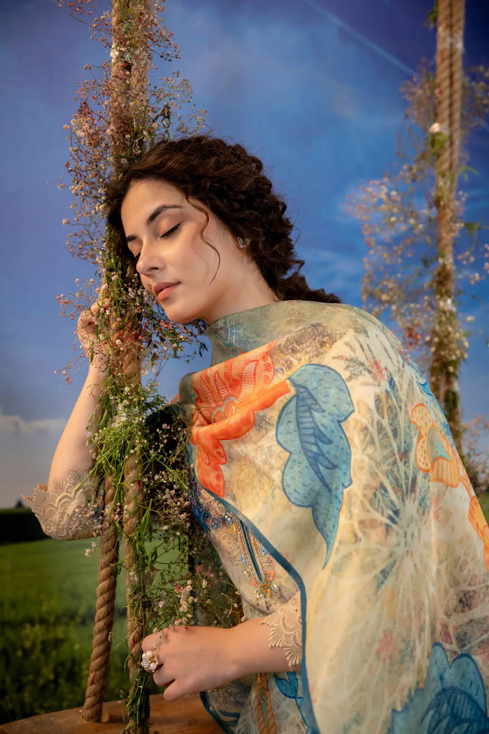 multicolor floral printed straight kurta with lace detailing and pants set