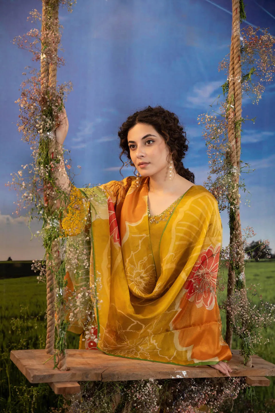 mustard yellow silk blend embellished kurta with floral dupatta and straight pants festive wear