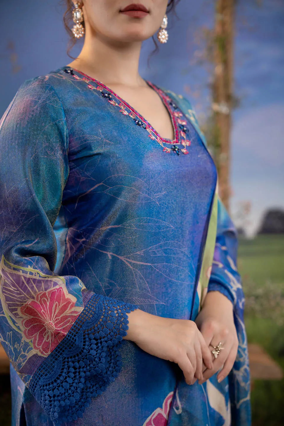 floral embellished v neck kurta with lace hem and straight pants set