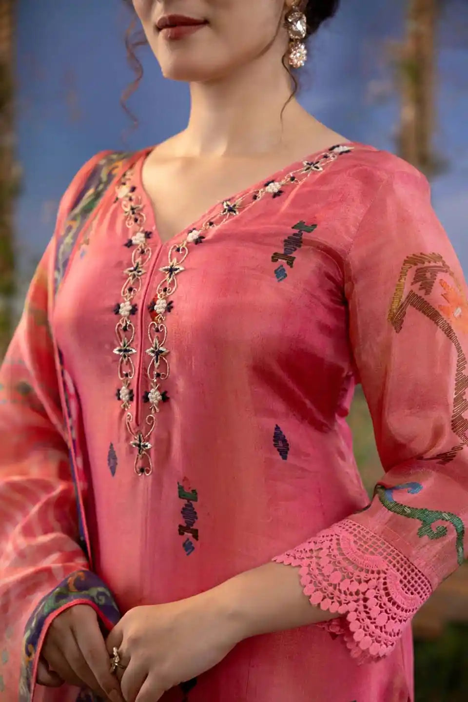 Pink Floral Print Shimmer Tissue Kurta Set with Dupatta