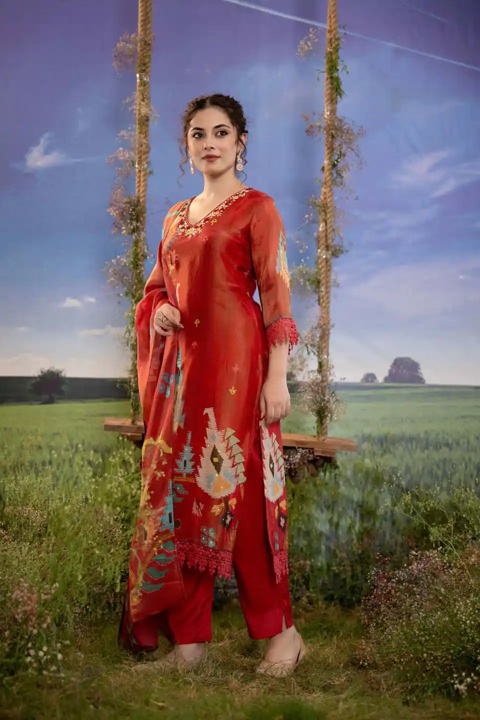 Rust red geometric print shimmer tissue kurta set with dupatta