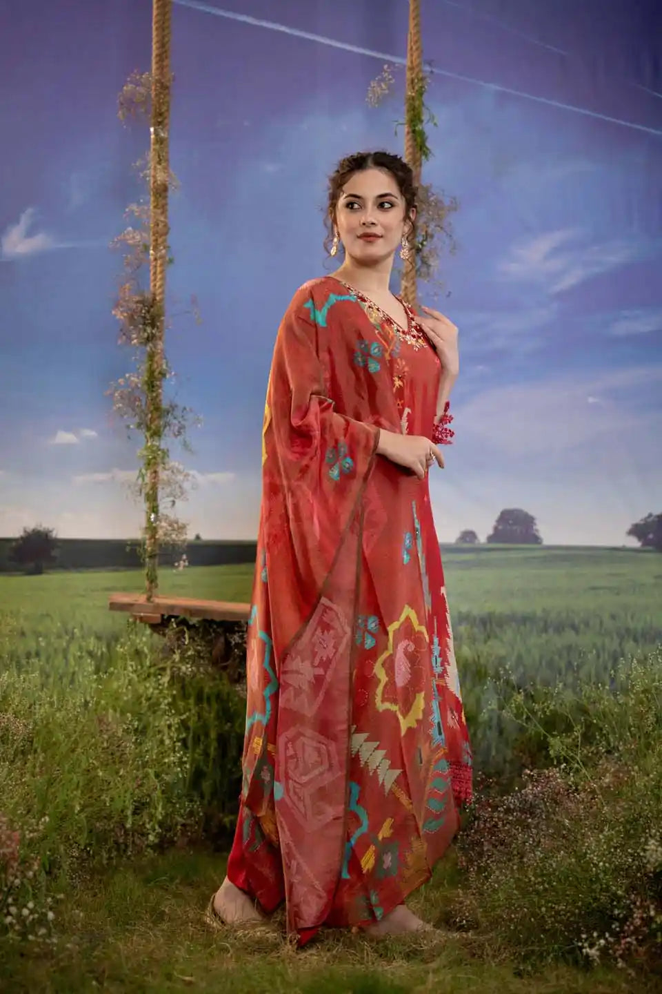 Rust red geometric print shimmer tissue kurta set with dupatta