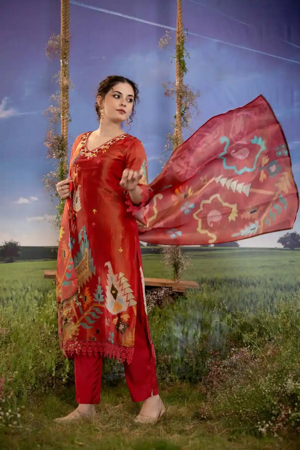Rust red geometric print shimmer tissue kurta set with dupatta
