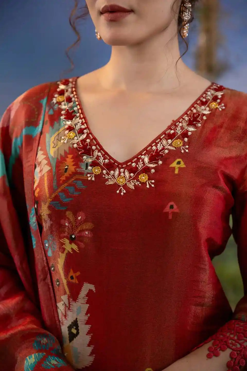 Rust red geometric print shimmer tissue kurta set with dupatta