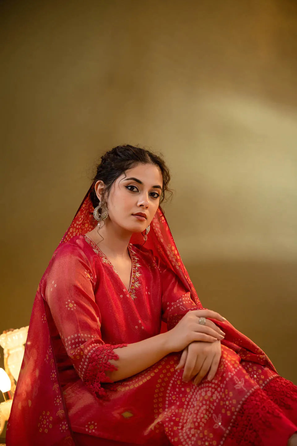 coral pink shimmer tissue kurta set with ethnic motifs and straight pants