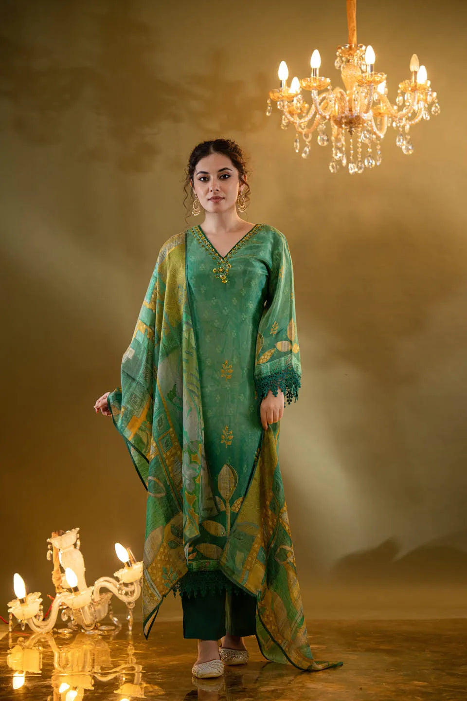 green shimmer tissue straight kurta with embellished v neck and baandhani dupatta