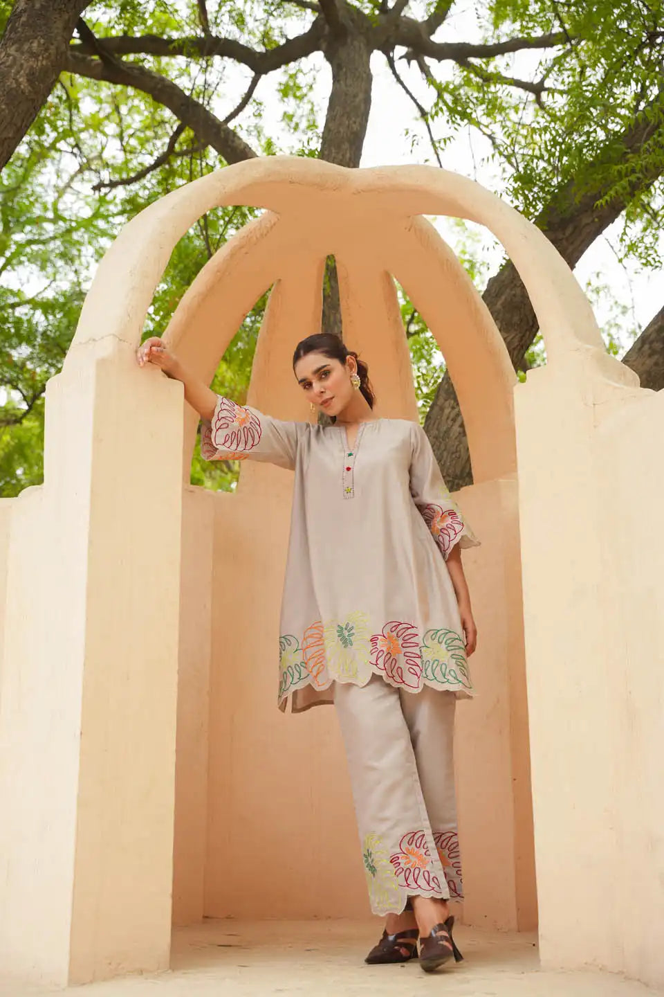 Women's Embroidered Beige Coordinated Set