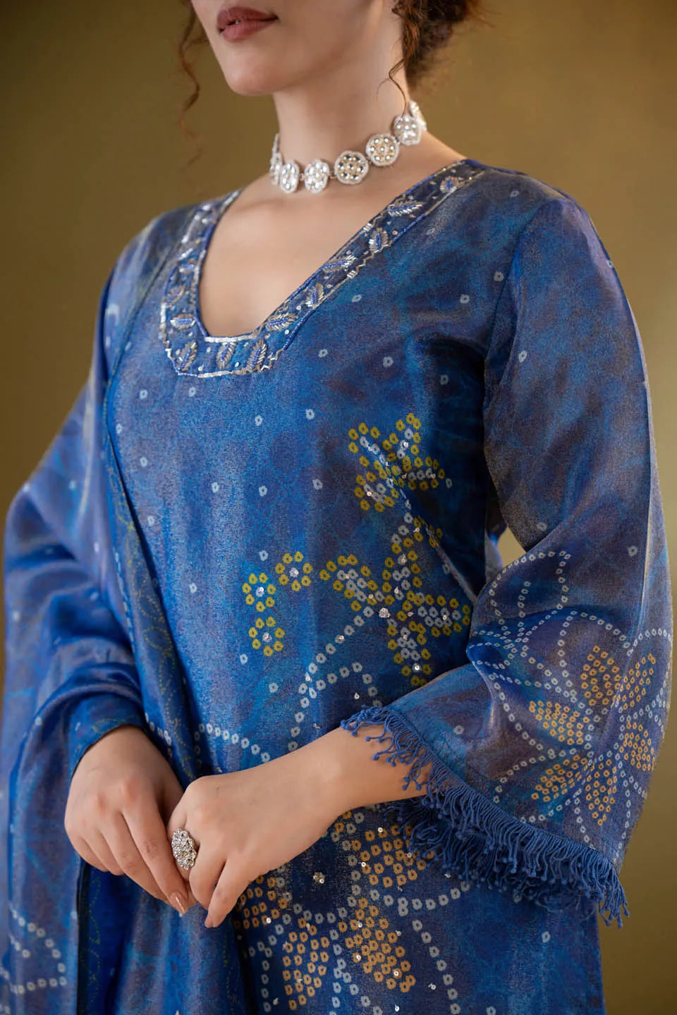regal blue floral embellished kurta set with dupatta for festive occasions