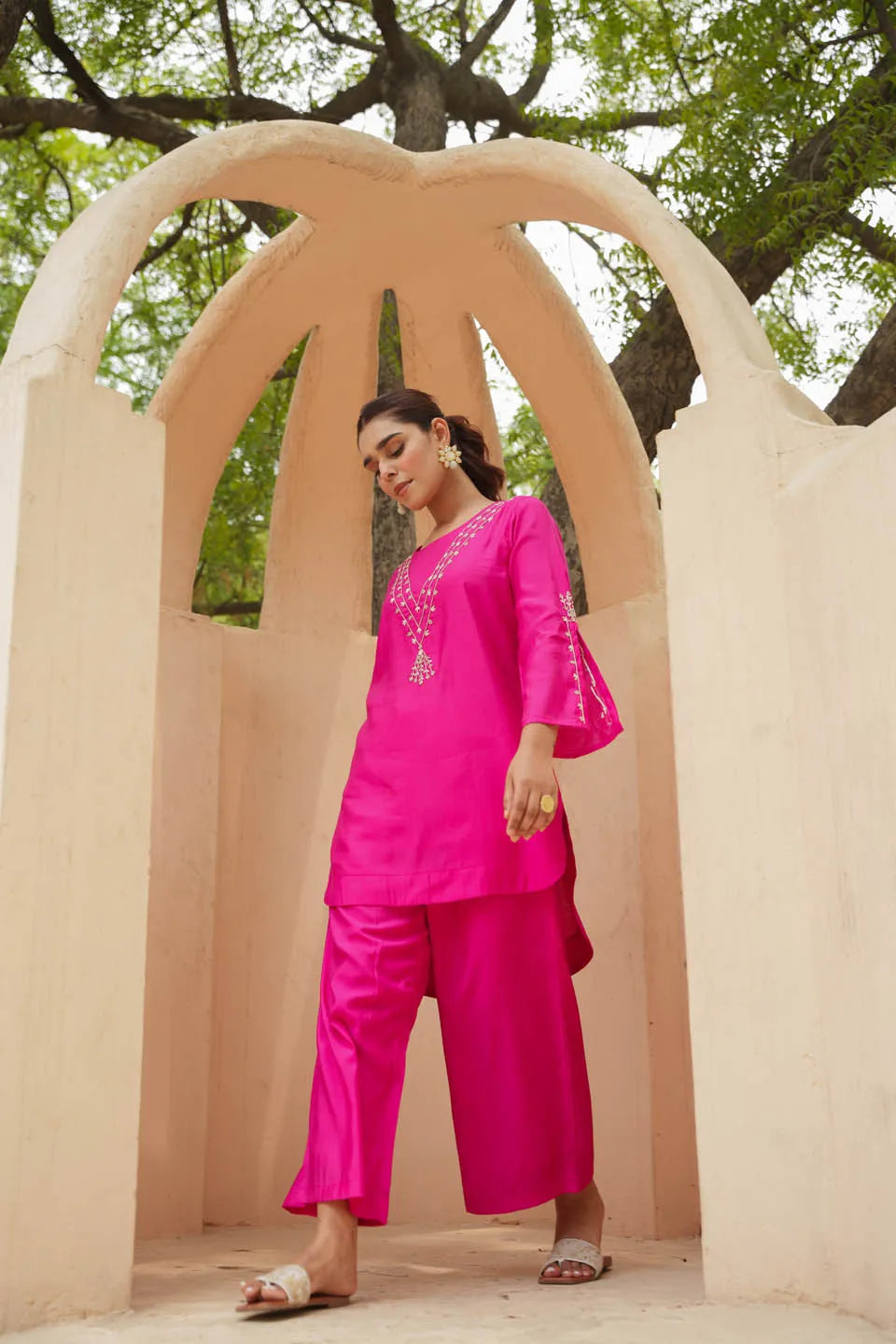 festive charm roman silk calf length coordinated set with subtle embroidery and flared sleeves