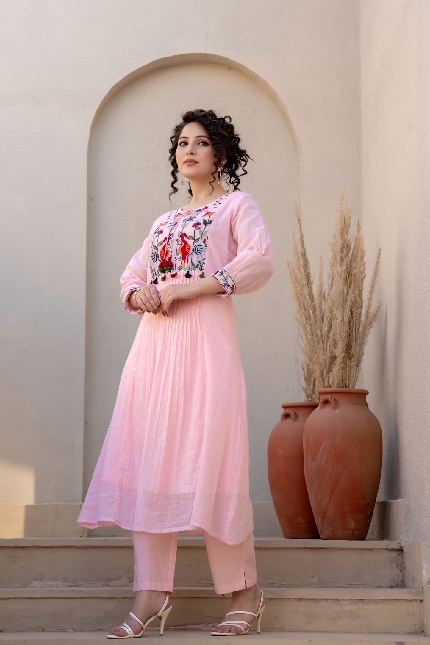 ELEGANT LIGHT PINK EMBROIDERED COTTON CO-ORDS SET FOR WOMEN