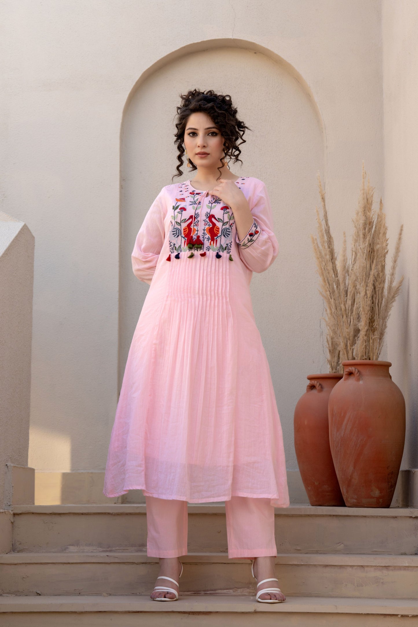 ELEGANT LIGHT PINK EMBROIDERED COTTON CO-ORDS SET FOR WOMEN