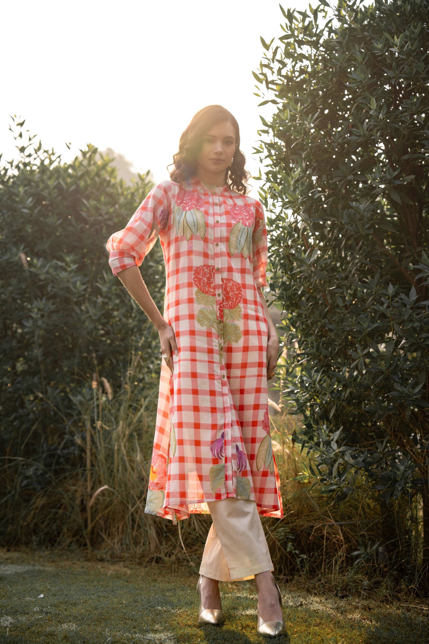 WOMEN'S RED AND WHITE CHECKED COTTON KURTI WITH FLORAL PRINT & FRONT BUTTON DETAIL | ELEGANT A-LINE DESIGN FOR CASUAL AND OCCASION WEAR