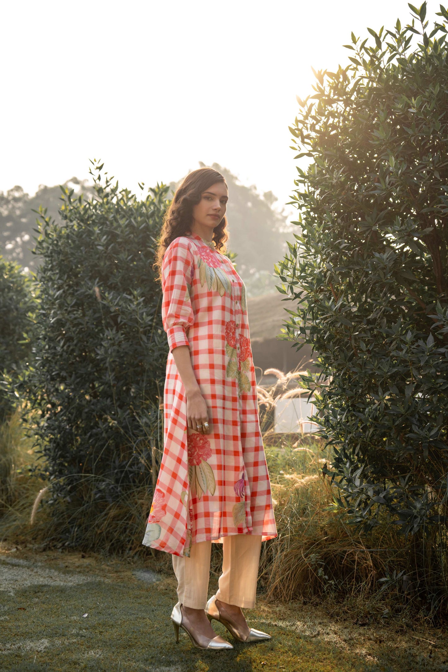 WOMEN'S RED AND WHITE CHECKED COTTON KURTI WITH FLORAL PRINT & FRONT BUTTON DETAIL | ELEGANT A-LINE DESIGN FOR CASUAL AND OCCASION WEAR