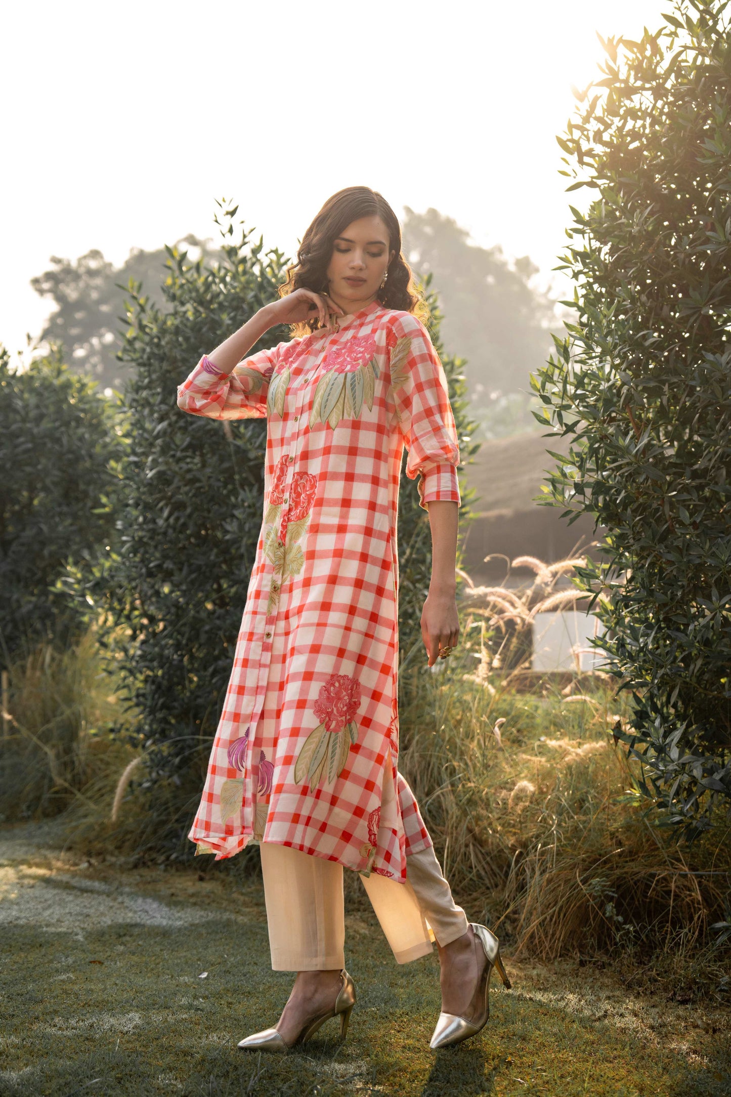WOMEN'S RED AND WHITE CHECKED COTTON KURTI WITH FLORAL PRINT & FRONT BUTTON DETAIL | ELEGANT A-LINE DESIGN FOR CASUAL AND OCCASION WEAR