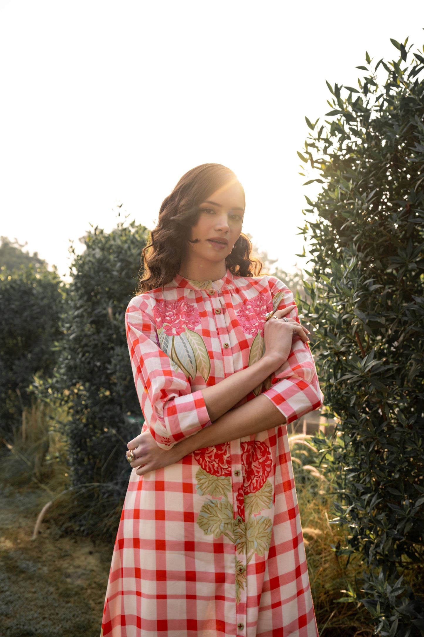 WOMEN'S RED AND WHITE CHECKED COTTON KURTI WITH FLORAL PRINT & FRONT BUTTON DETAIL | ELEGANT A-LINE DESIGN FOR CASUAL AND OCCASION WEAR
