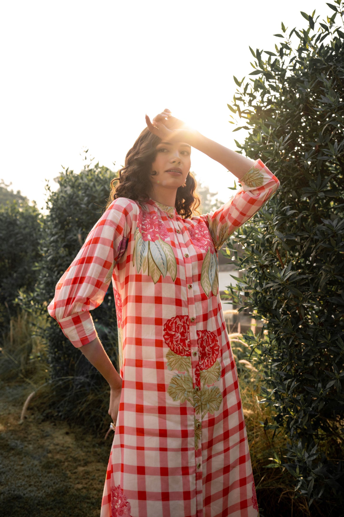 WOMEN'S RED AND WHITE CHECKED COTTON KURTI WITH FLORAL PRINT & FRONT BUTTON DETAIL | ELEGANT A-LINE DESIGN FOR CASUAL AND OCCASION WEAR
