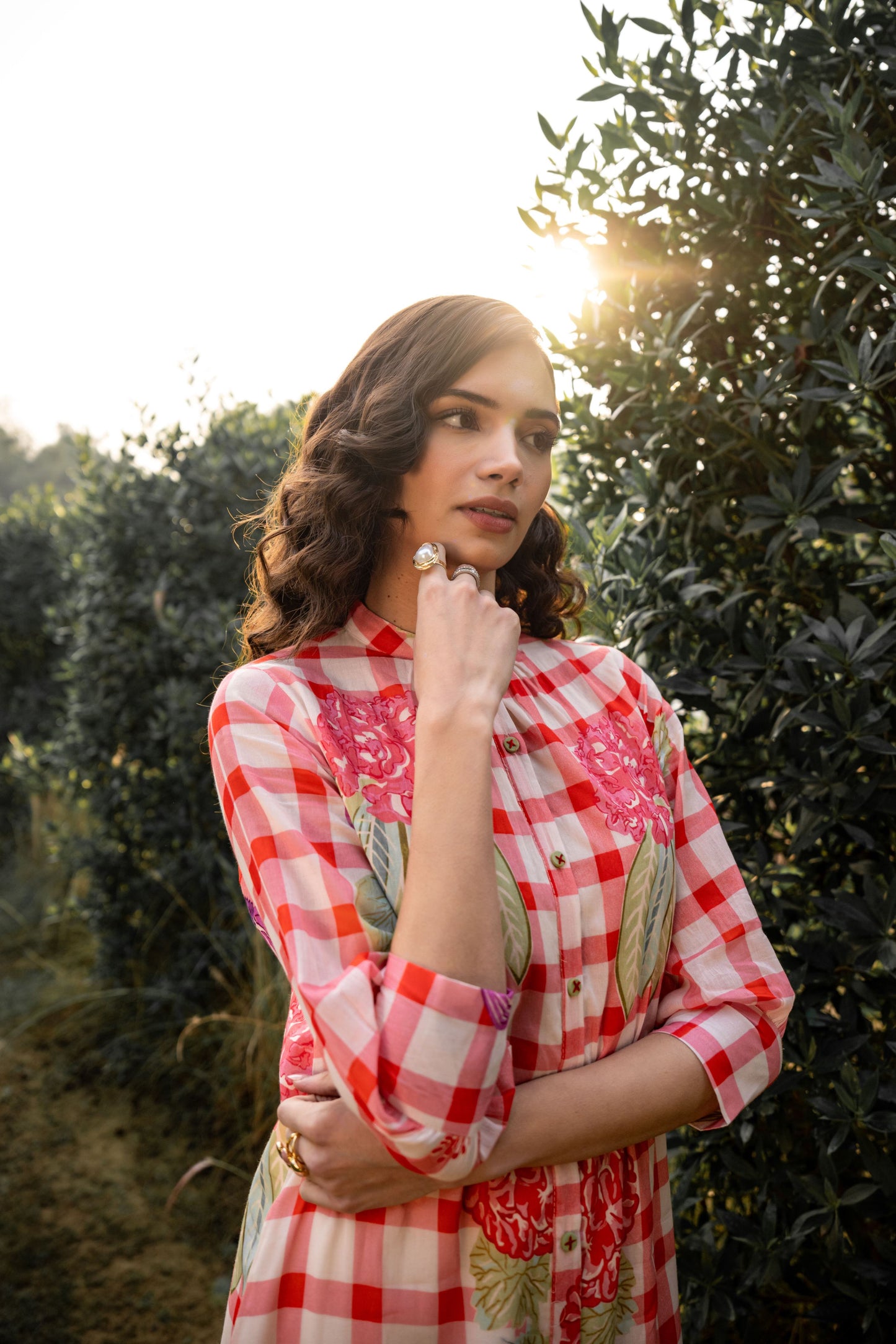 WOMEN'S RED AND WHITE CHECKED COTTON KURTI WITH FLORAL PRINT & FRONT BUTTON DETAIL | ELEGANT A-LINE DESIGN FOR CASUAL AND OCCASION WEAR