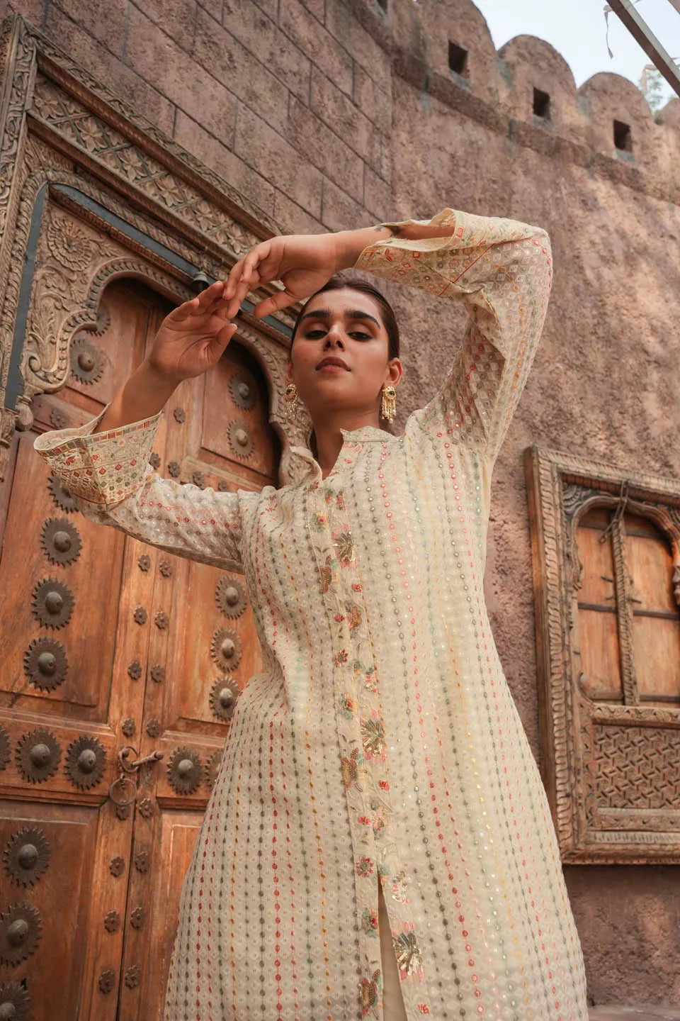 embroidered pastel coordinated set knee length top with mandarin collar and straight pants